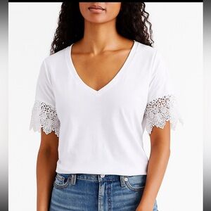 Express White V-Neck Crochet Eyelet Edged  Sleeves T-Shirt S NWT